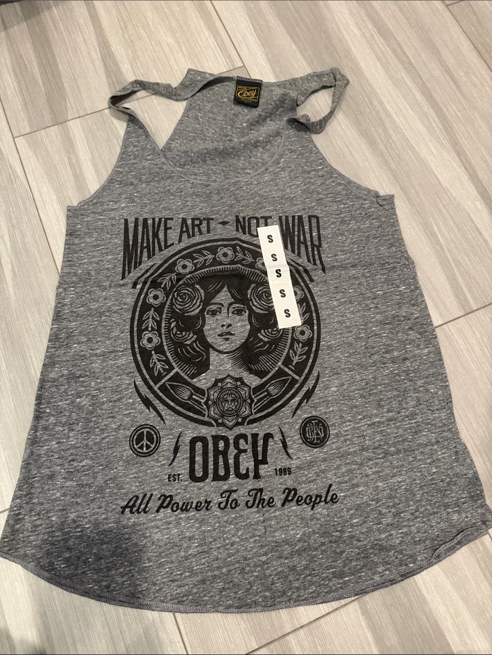 Obey Women’s Gray Graphic Racerback Tank - Black Print